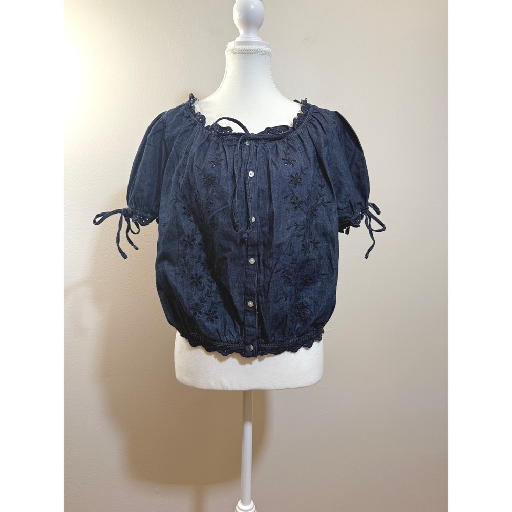 Free Assembly Embroidered Denim Top L Dark Wash Indigo Eyelet Blouse Peasant